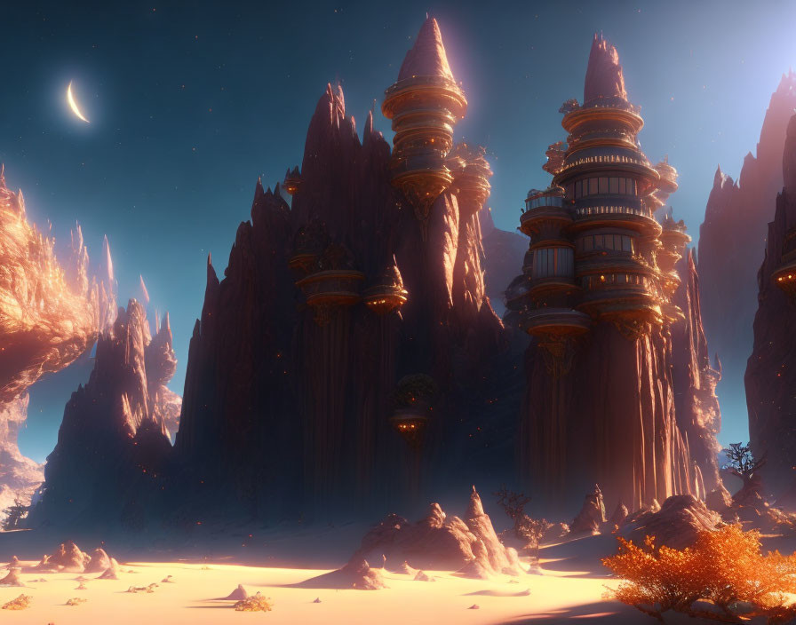 Fantasy landscape: towering spire-like structures, crescent moon, twilight sky, desert foliage