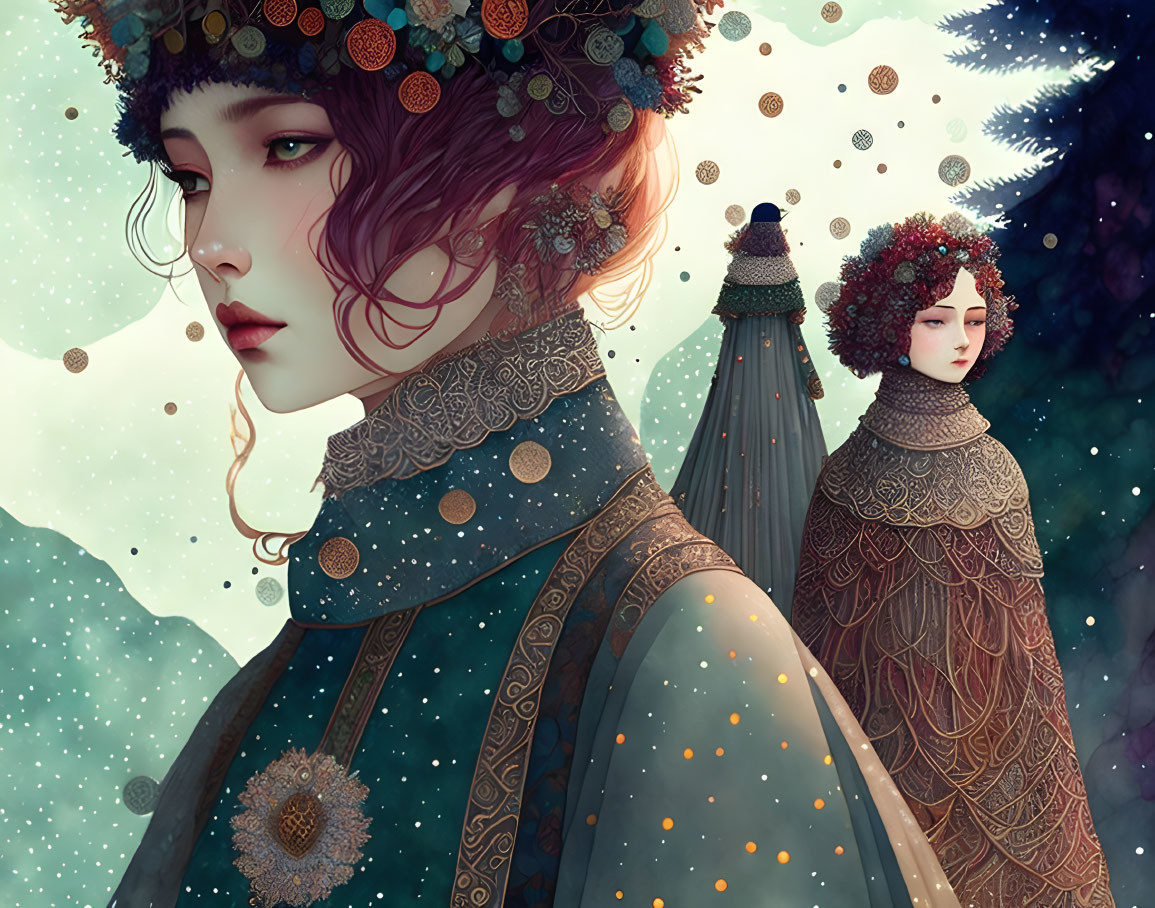 Stylized women with floral headpieces in snowy whimsical scene