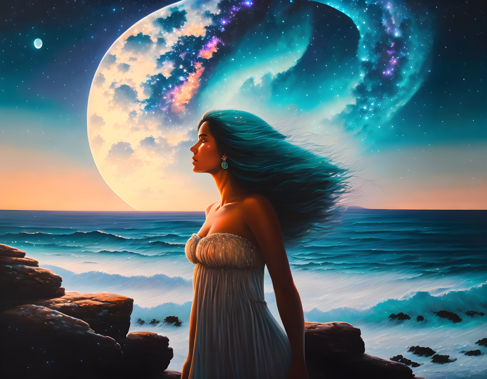 Woman in white dress gazes at surreal moon and galaxy by the sea