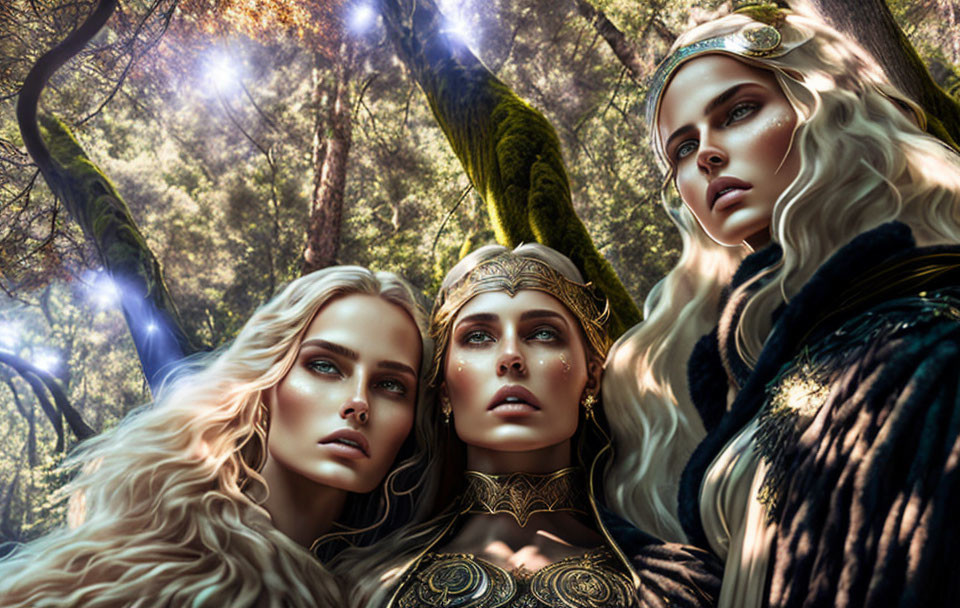 Ethereal women with elaborate headpieces in mystical forest