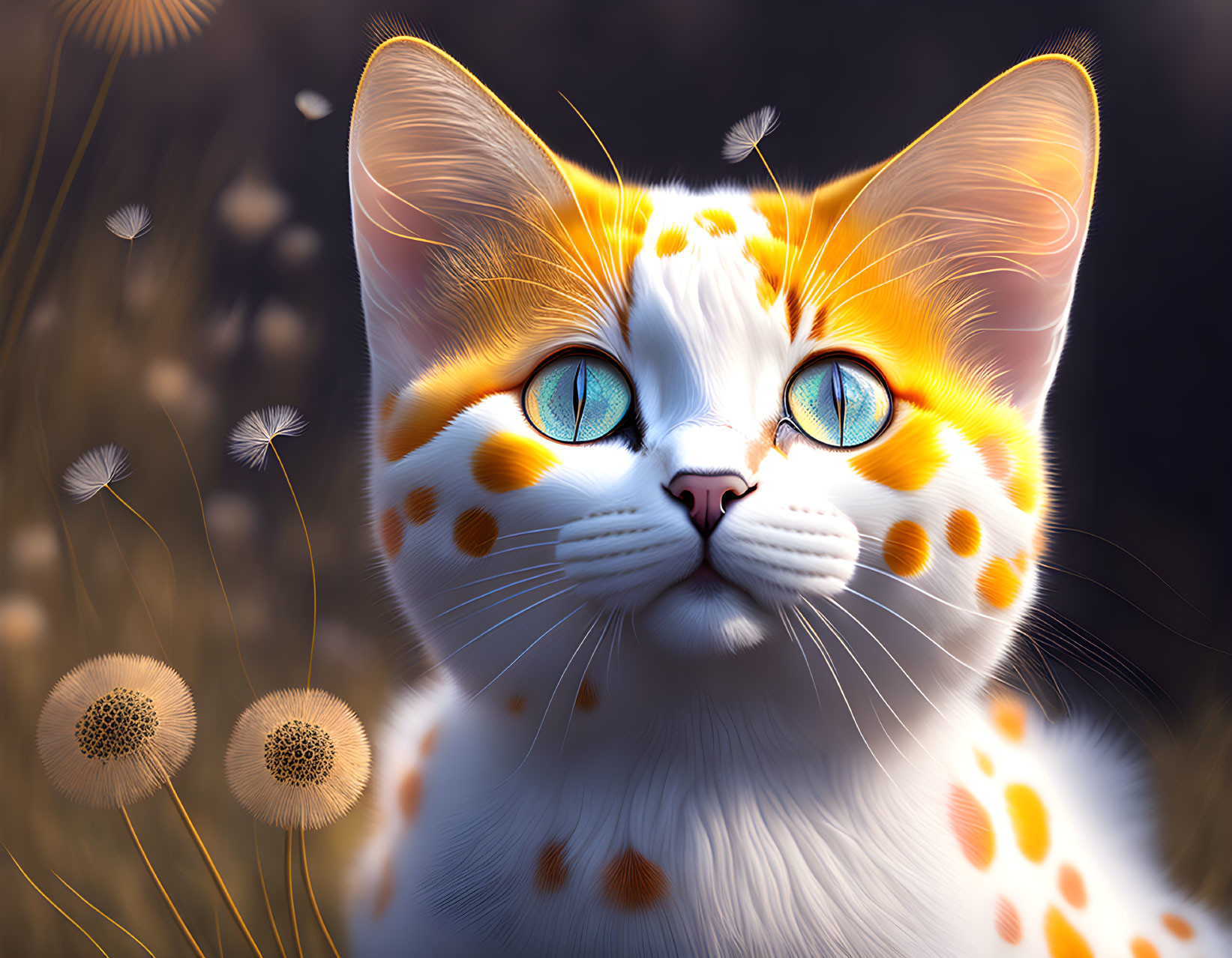 Orange and White Digital Art Cat with Blue Eyes and Dandelions on Blurred Background