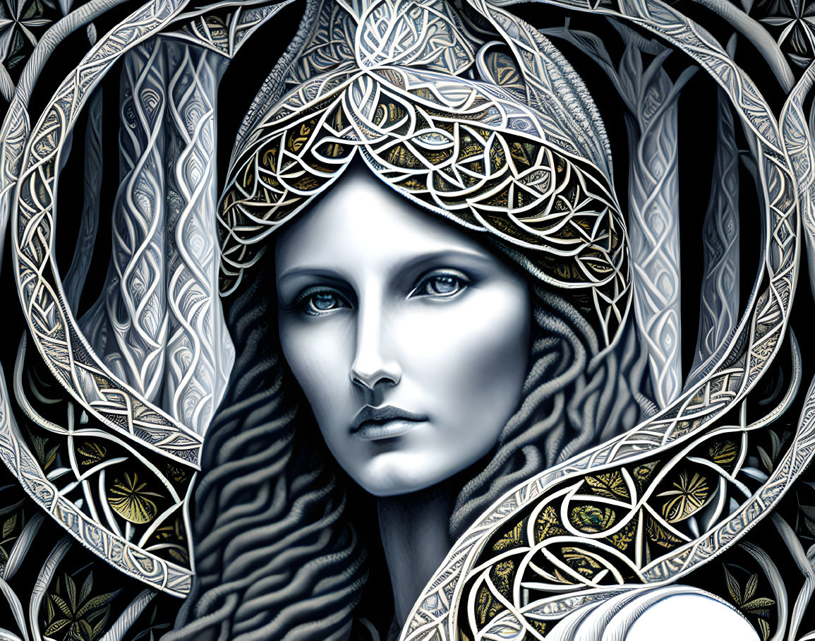 Intricate artwork of woman with pale skin and dark hair in Celtic knot patterns