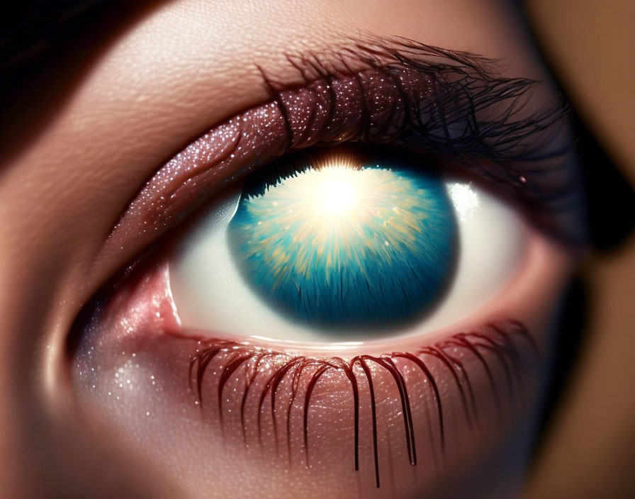 Detailed close-up of vibrant blue human eye with long eyelashes and reflections.