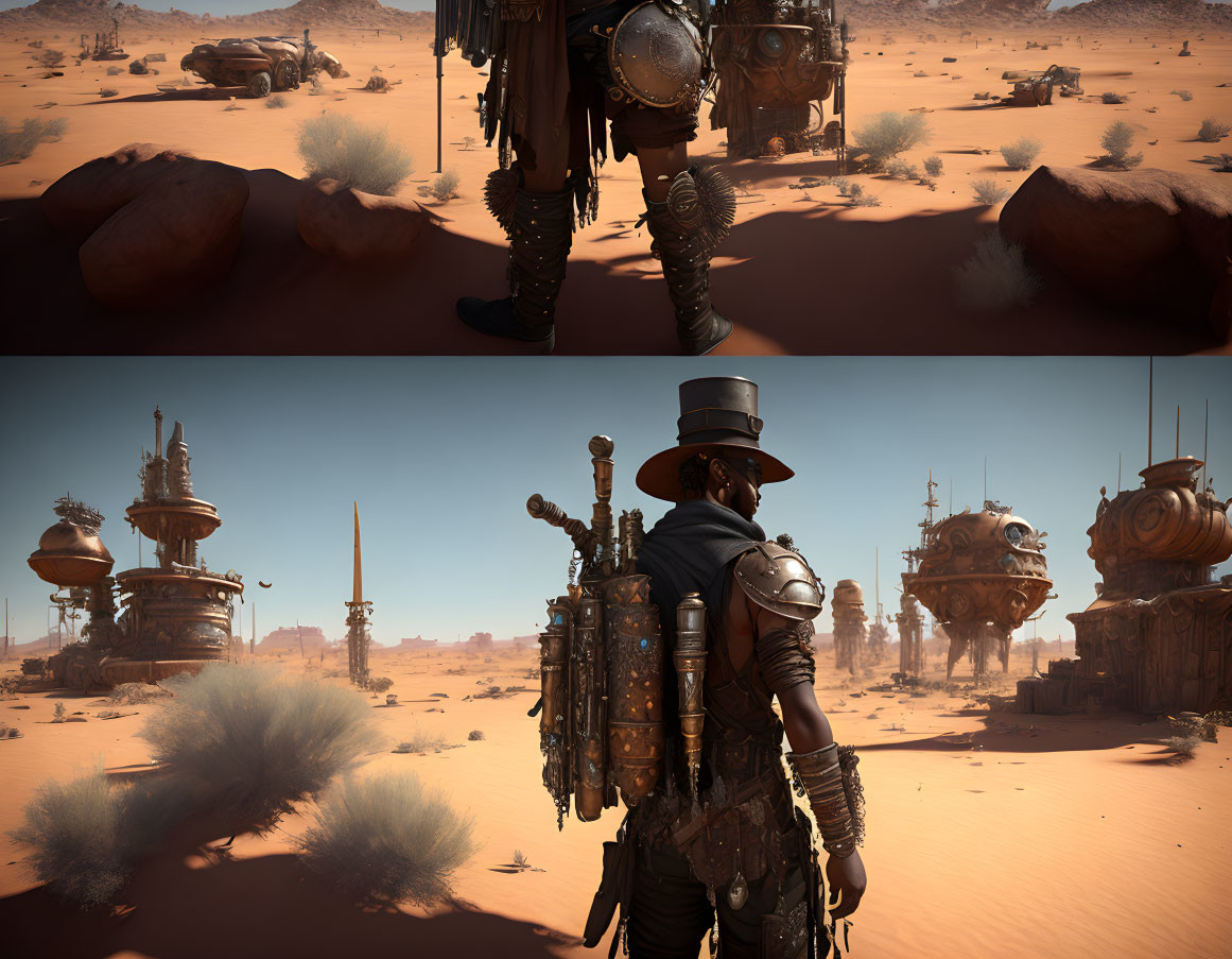 Futuristic cowboy in desert landscape with dilapidated vehicles and strange structures