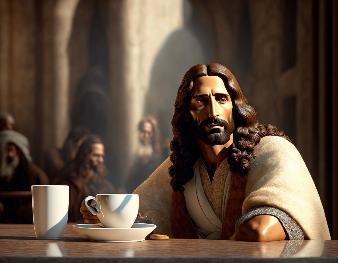 3D-rendered image of Jesus-like figure in historical setting with modern coffee cup