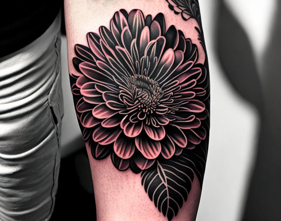 Detailed Black and Grey Chrysanthemum Flower Tattoo on Upper Arm