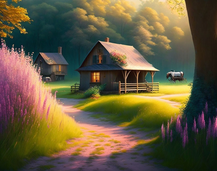 Idyllic countryside landscape with pathway, cottages, lavender fields, horses, trees, and sunlight