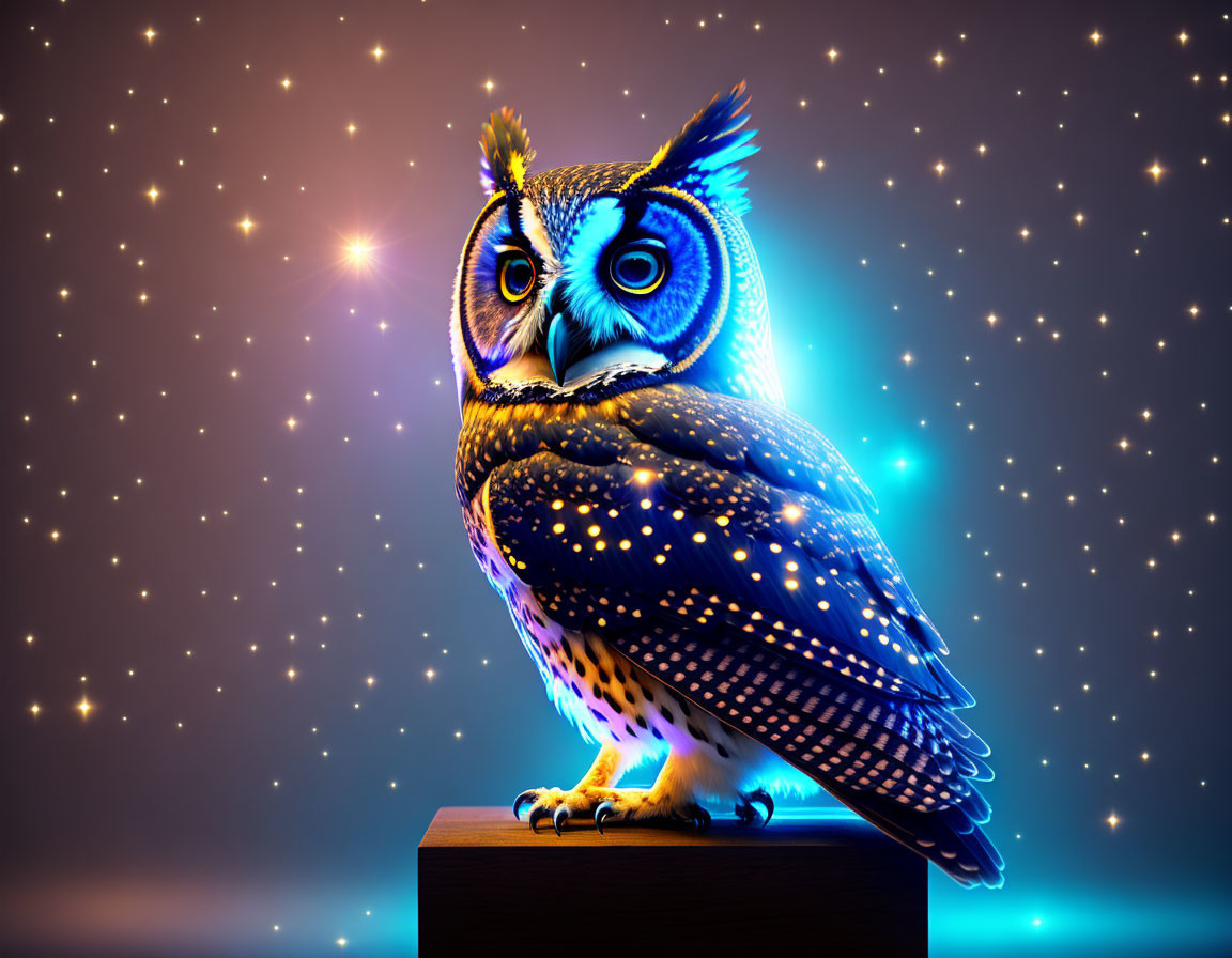 Colorful Owl Artwork with Glowing Feathers on Starry Background