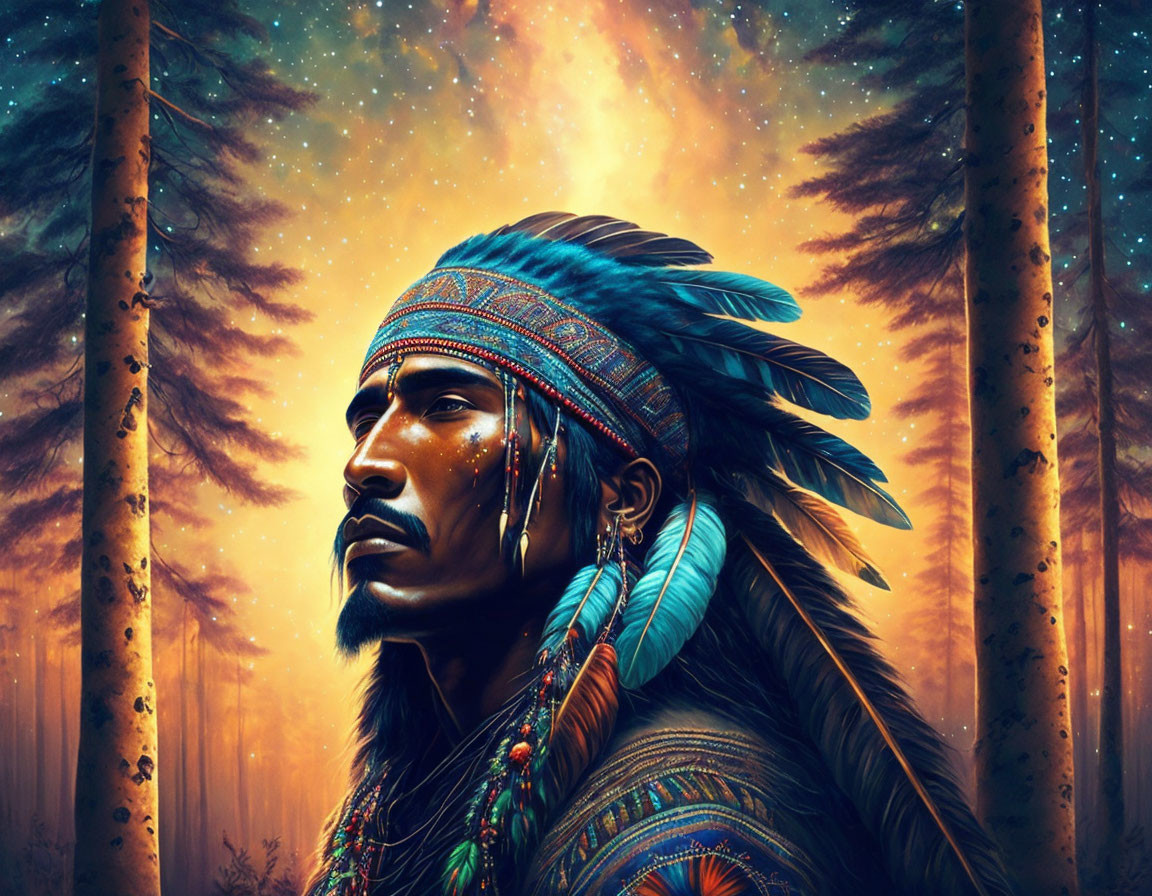 Illustration of Native American man in traditional headdress in mystical forest