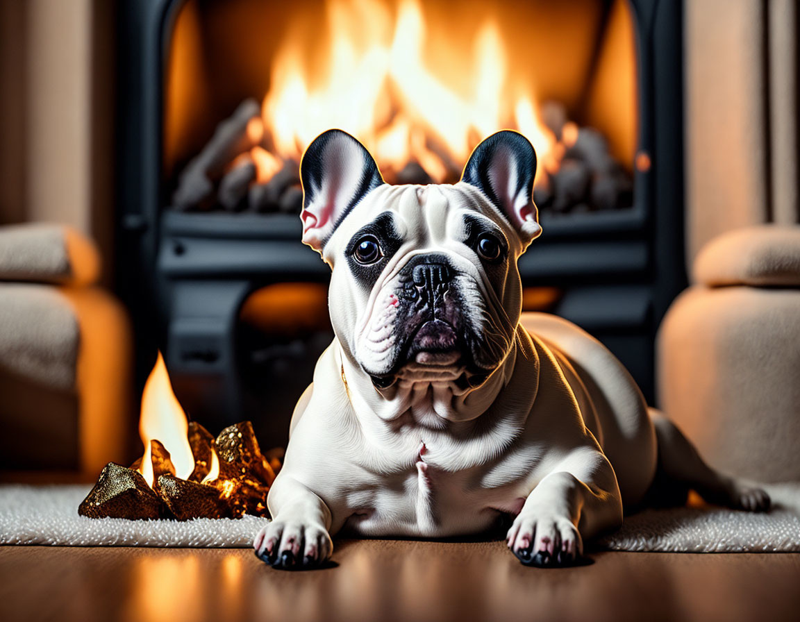 White French Bulldog with black markings by glowing fireplace & decorative stars