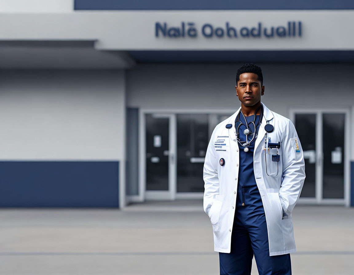 Healthcare Professional in White Coat with Stethoscope Standing in Front of Building