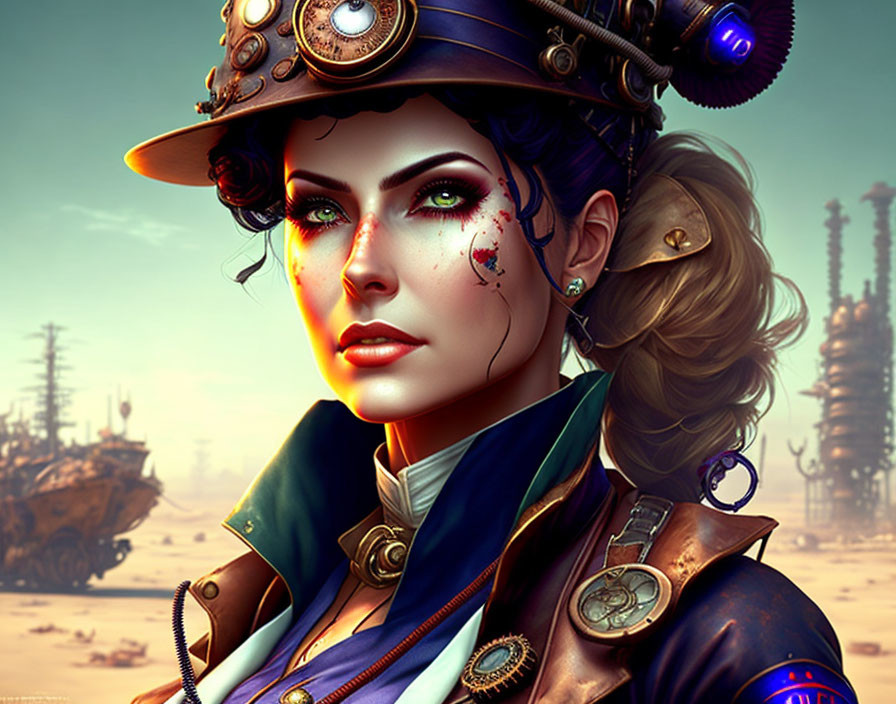 Steampunk-themed digital art of a woman in industrial setting