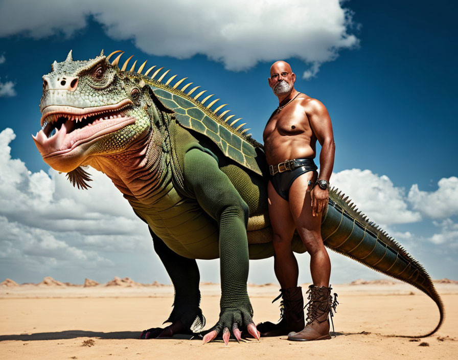 Bald man with green iguana in desert landscape