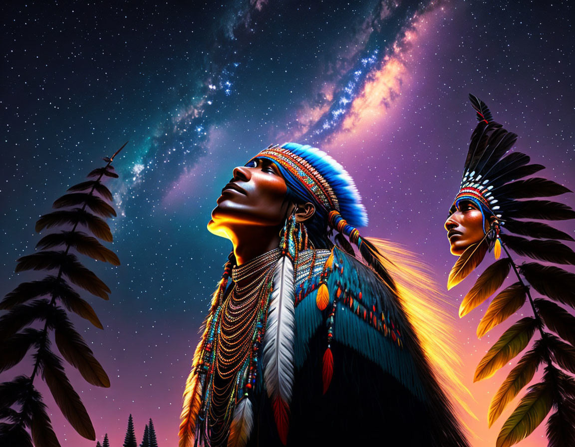 Native American characters in traditional attire under starry sky with trees and arrow.
