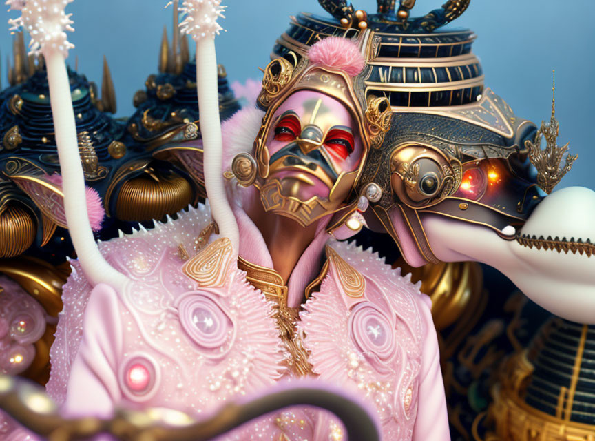 Fantastical image of person with pink hair in ornate mask and detailed jacket