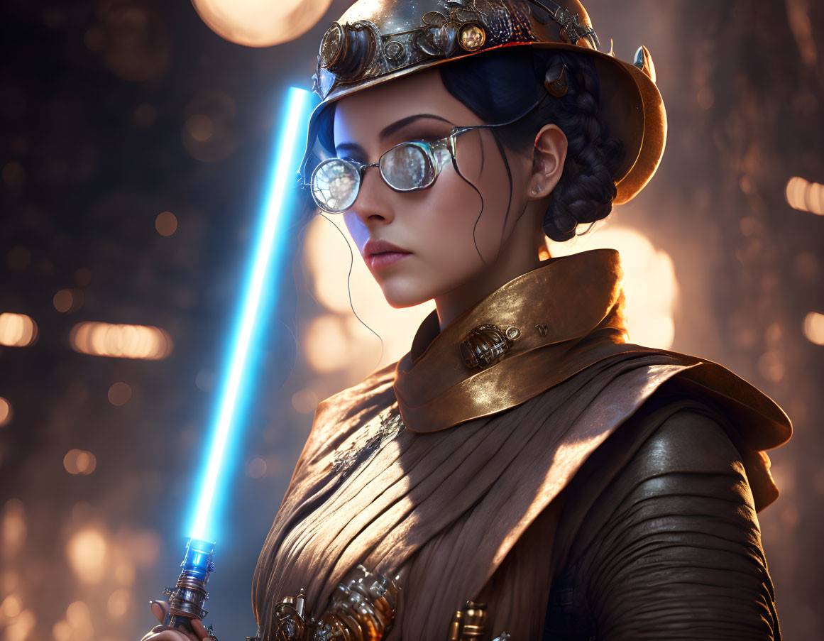 Steampunk female character with blue glowing goggles and energy sword in metallic outfit.