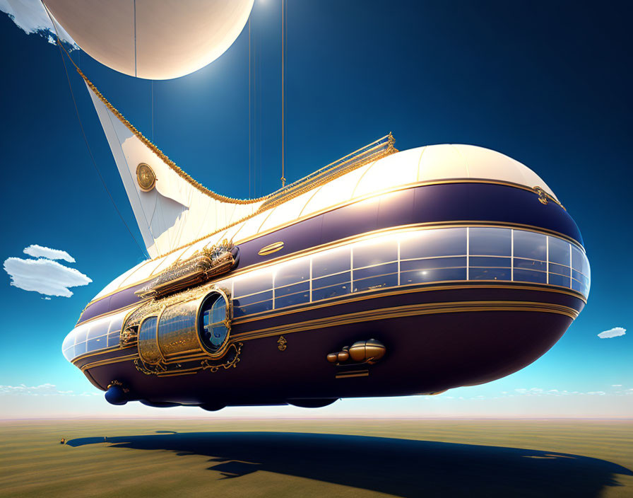 Golden-hued airship with ornate details in clear sky above flat landscape