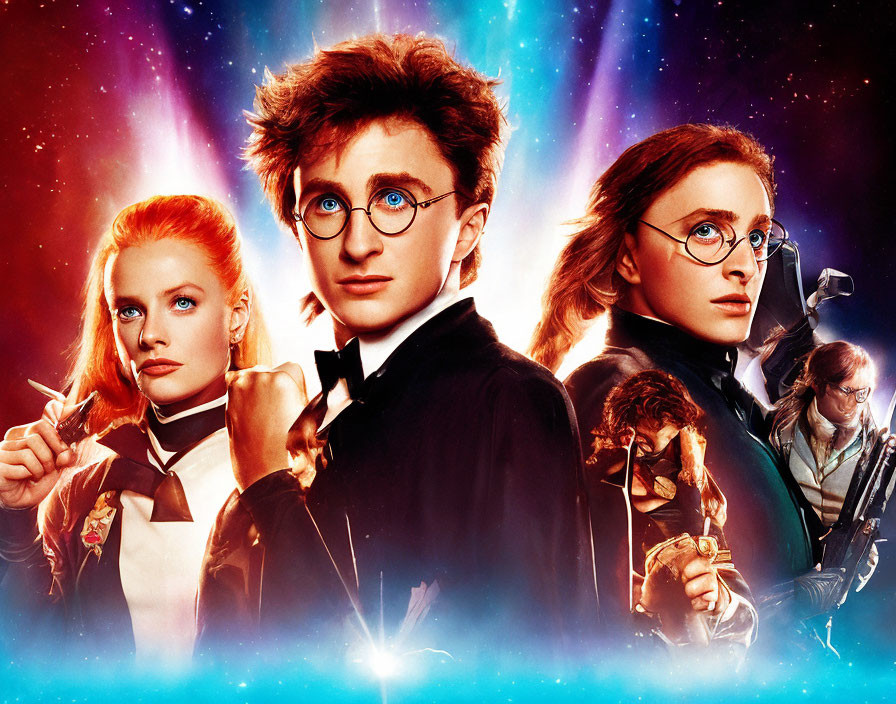 Three students in wizard attire with wands in cosmic setting.