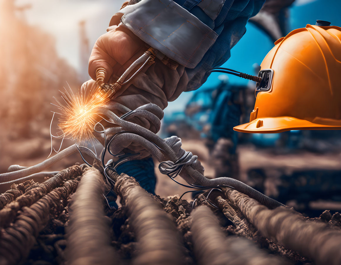 Metal rods welding with sparks, safety helmet in foreground, construction site scene