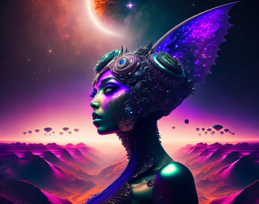 Intricate profile portrait with ornate headgear in surreal purple landscape