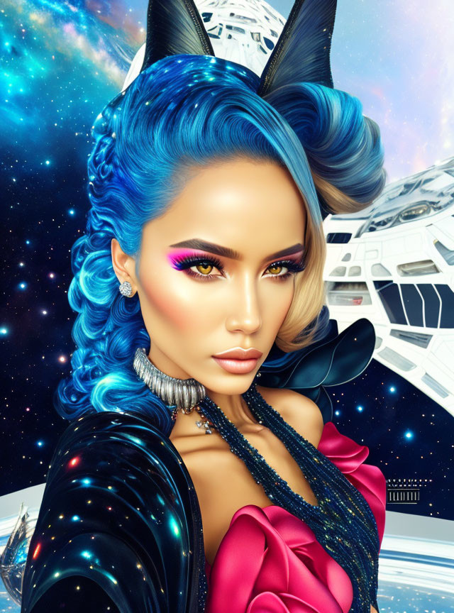 Fantasy portrait: woman with blue hair, cat ears, space-themed background.