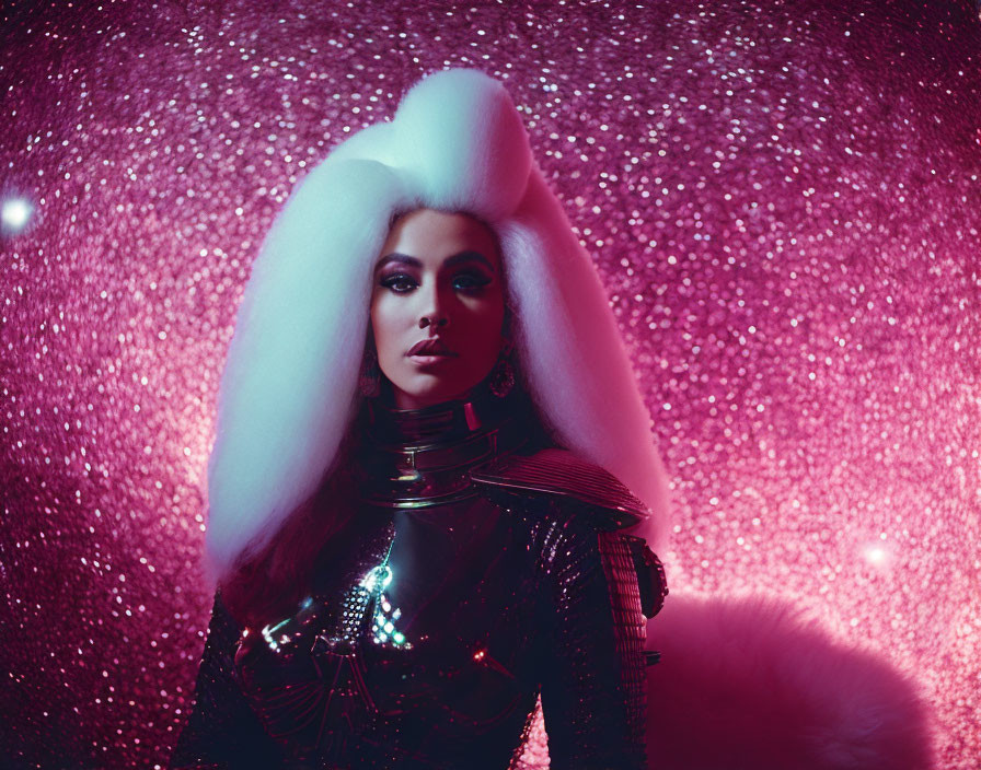 Woman with White Voluminous Hair in Futuristic Attire on Pink Background