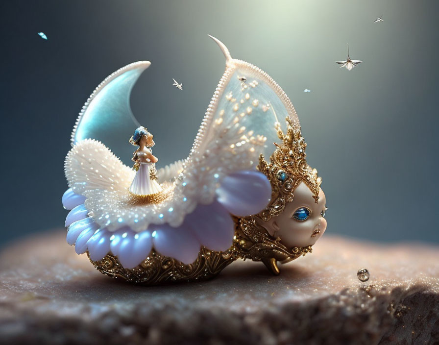 Miniature figure on jeweled creature with blue wings and moon - Imagery Description