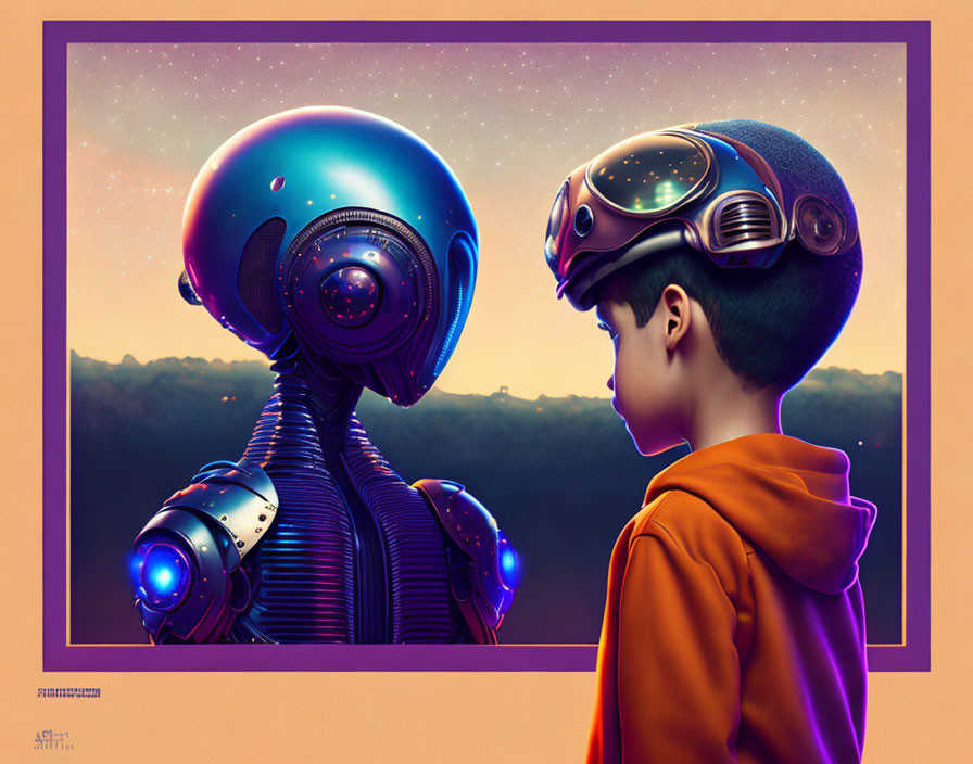 Child in orange hoodie and futuristic helmet meets humanoid robot under starry sky