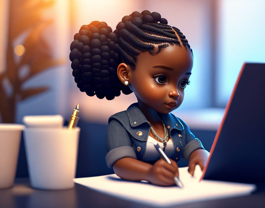 Braided-Hair Girl Writing at Computer with Cups and Plant