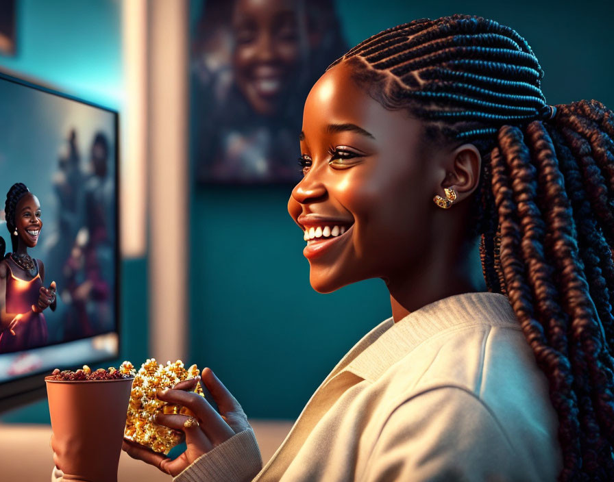 Braided hair woman eating popcorn and watching TV with joy