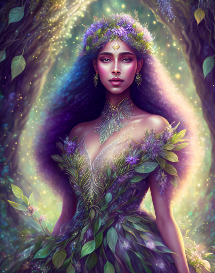 Mystical female figure with purple floral crown and golden jewelry in forest setting