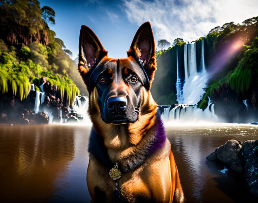 German Shepherd Dog with Pointed Ears at Waterfall Amid Lush Trees