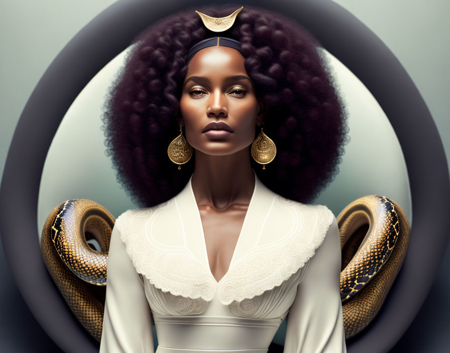 Portrait of woman with voluminous afro, crescent moon headpiece, gold earrings, white dress