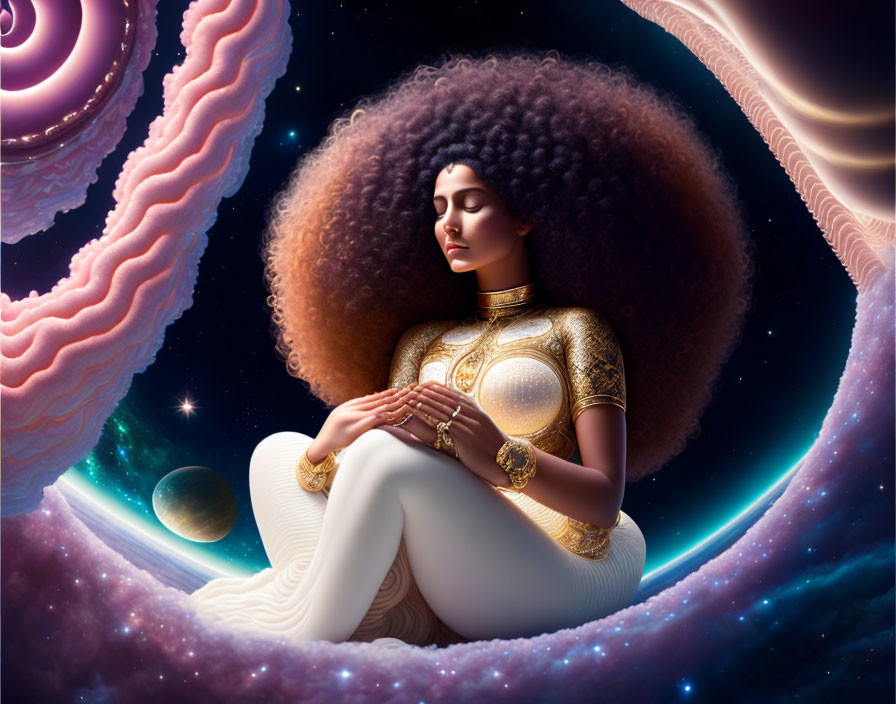 Illustration of woman with curly hair in cosmic setting