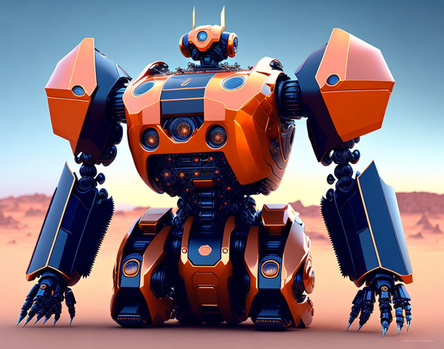 Colorful stylized robotic character in desert landscape with orange-blue arms and circular torso.