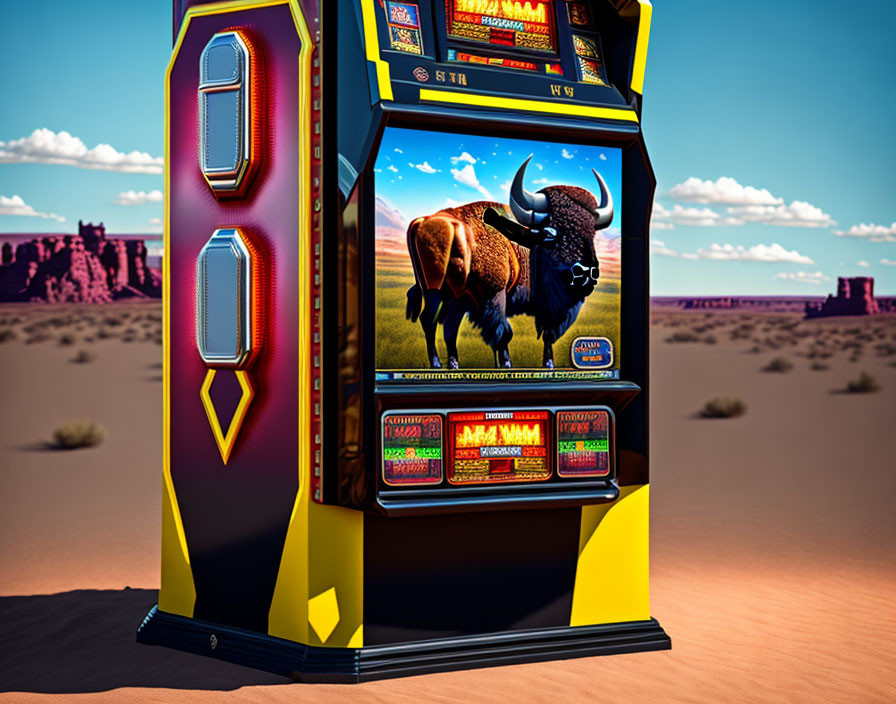 Colorful Buffalo-Themed Slot Machine in Desert Landscape