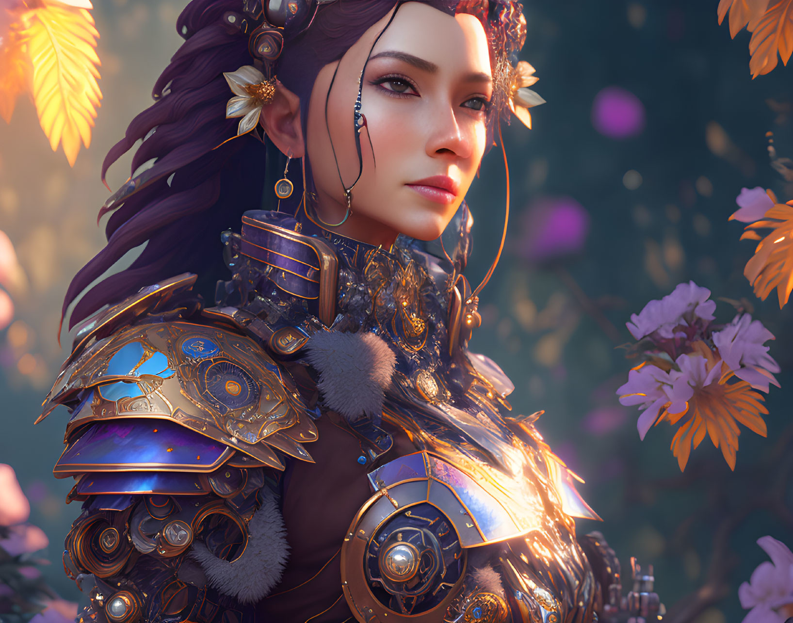 Fantasy digital artwork of woman in elaborate armor and headdress