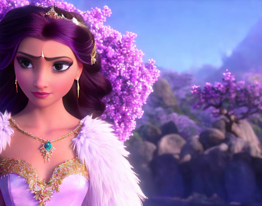 Animated princess in purple dress with fur stole and jewelry, surrounded by lilac trees