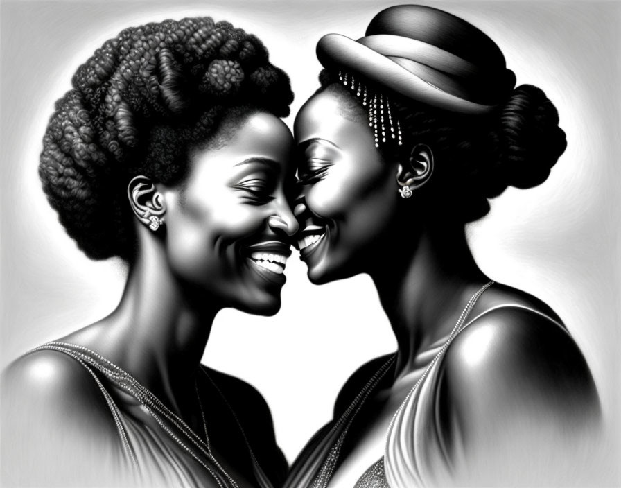 Illustration of two women with unique hairstyles smiling warmly in grayscale