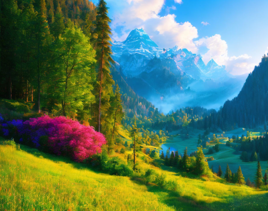 Colorful landscape with greenery, blossoms, valleys, and mountains