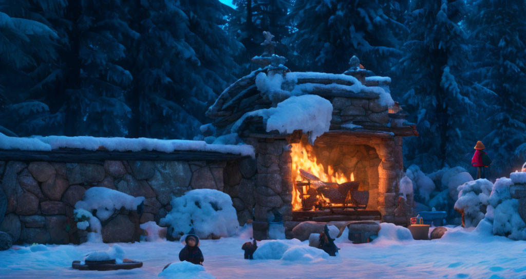 Snow-covered stone hut with warm fire and people in winter scene.