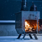 Snow-covered stone hut with warm fire and people in winter scene.