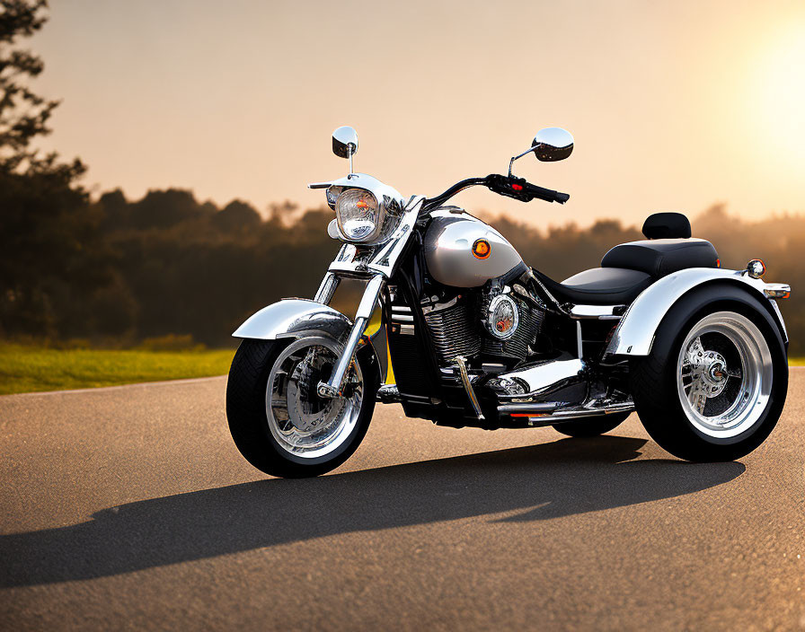 Black Motorcycle with Chrome Detailing on Asphalt Road in Sunlit Countryside