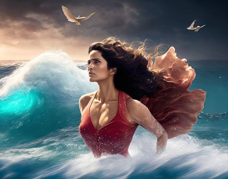 Woman with flowing hair emerges from turbulent ocean under dramatic sky with seagulls.