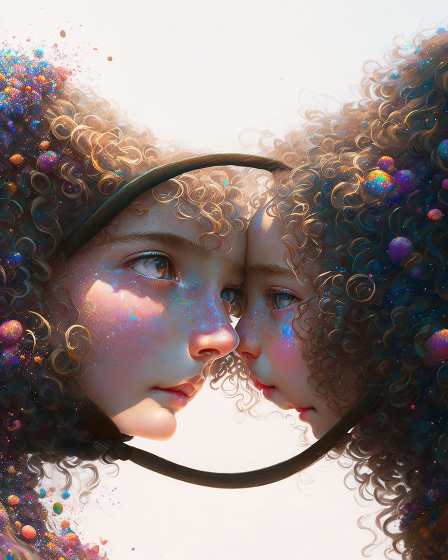 Children with cosmic, glitter-infused curls in intimate gaze within circular frame