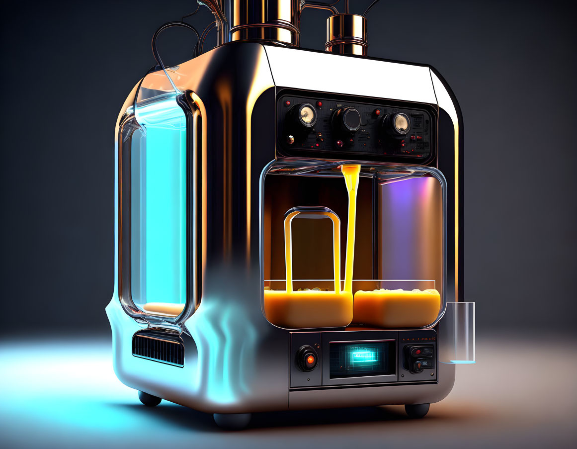 Shiny futuristic coffee machine dispensing amber liquid into glass cup