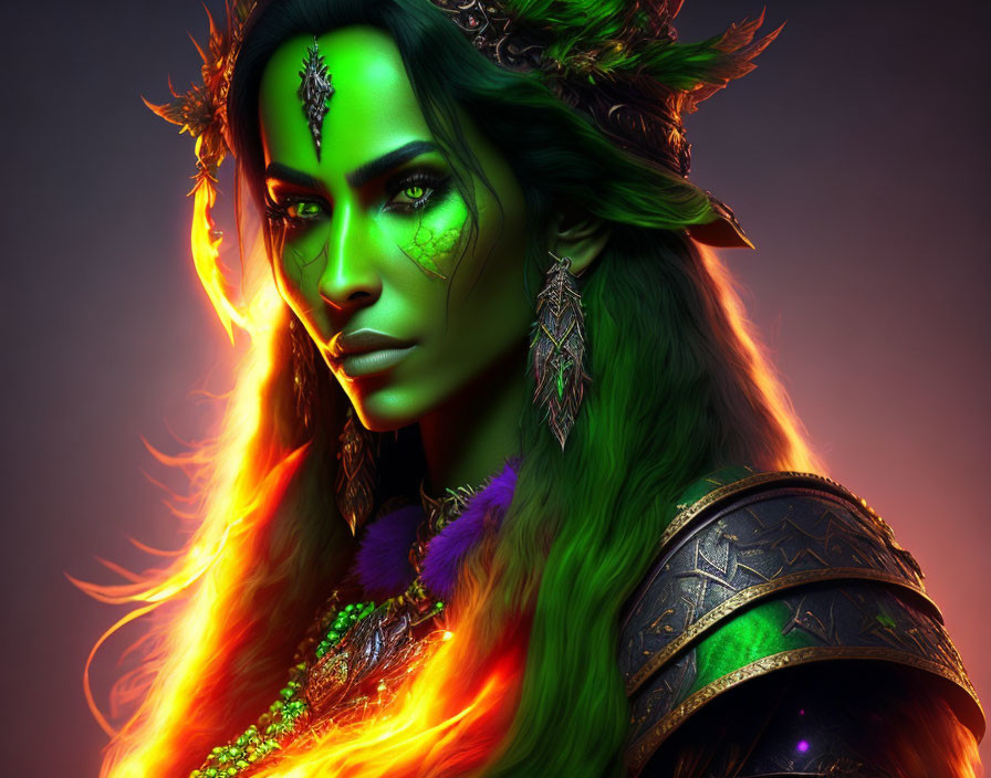 Fantasy female character with green skin, fiery orange hair, pointy ears, tribal face markings,