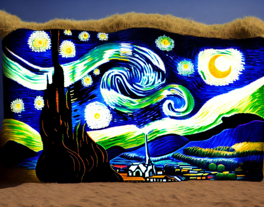 Van Gogh's "Starry Night" painting in natural landscape blend