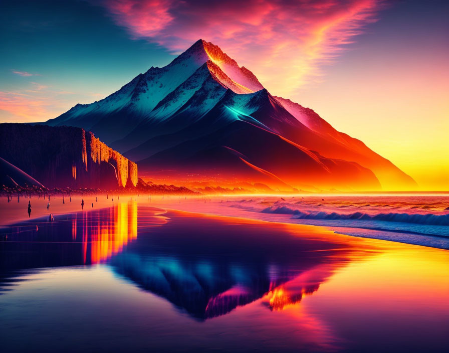 Scenic sunset over tranquil beach with reflective ocean, majestic mountains, purple and orange sky