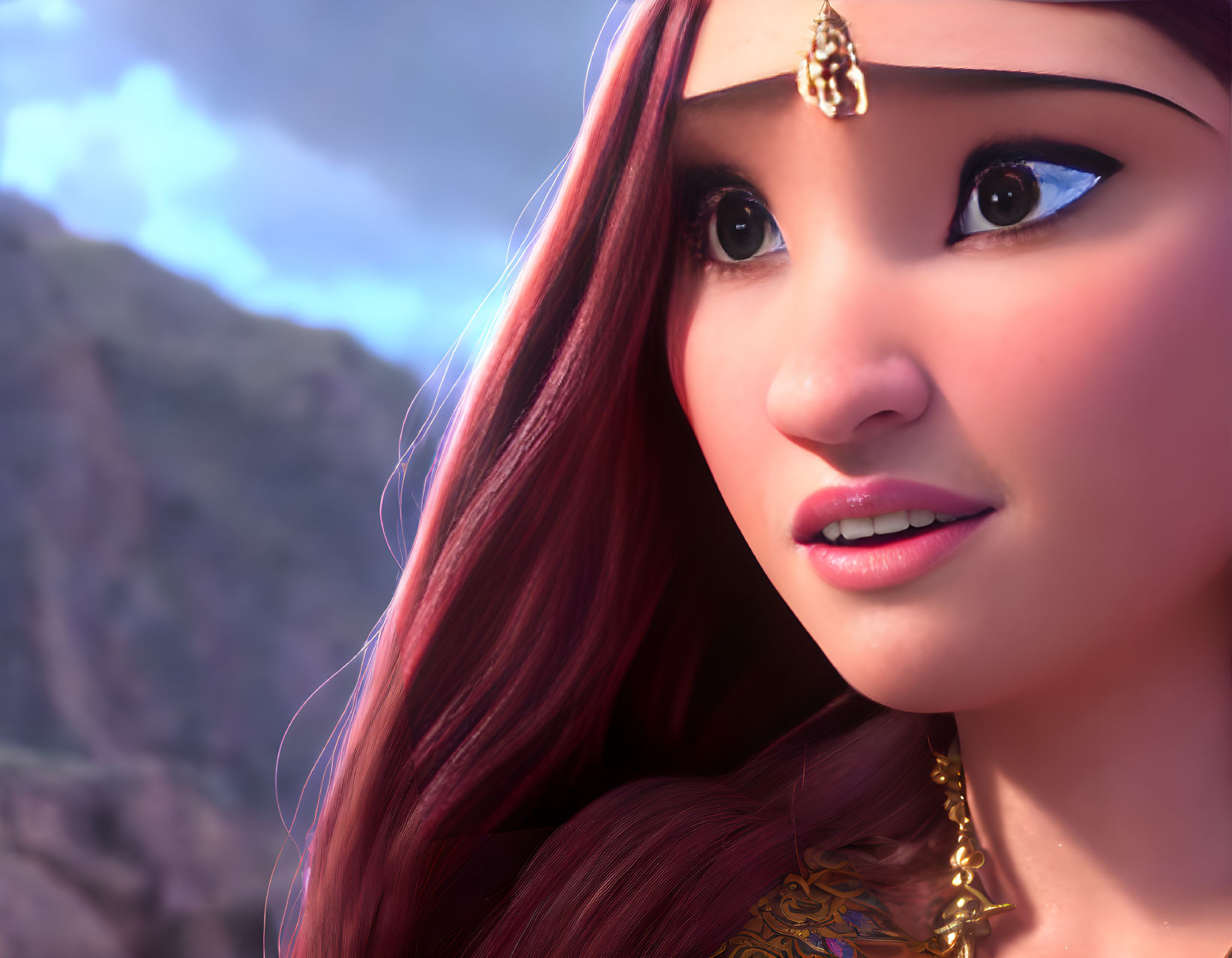 Red-haired animated character with golden head jewelry in close-up against blurred natural backdrop